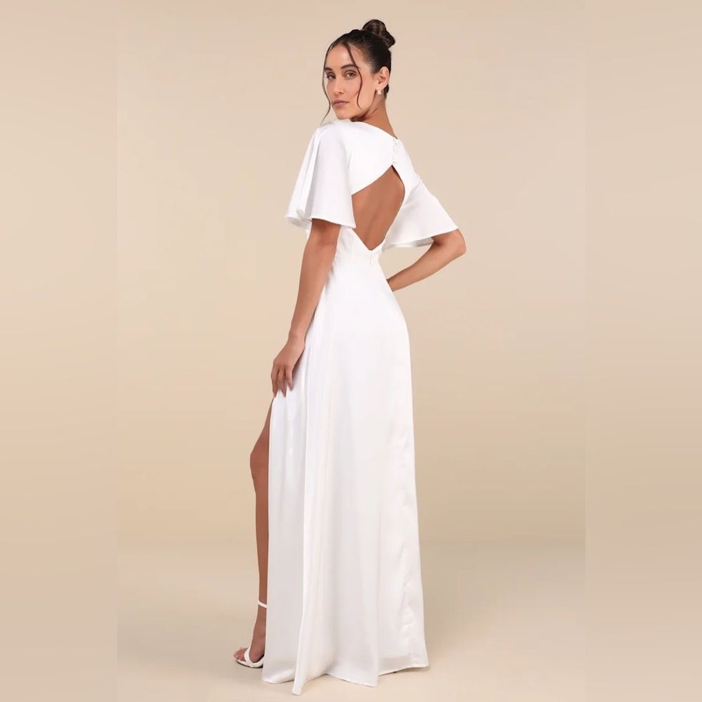 Lulus Elegant Confidence White Satin Flutter Sleeve Cutout Maxi Dress